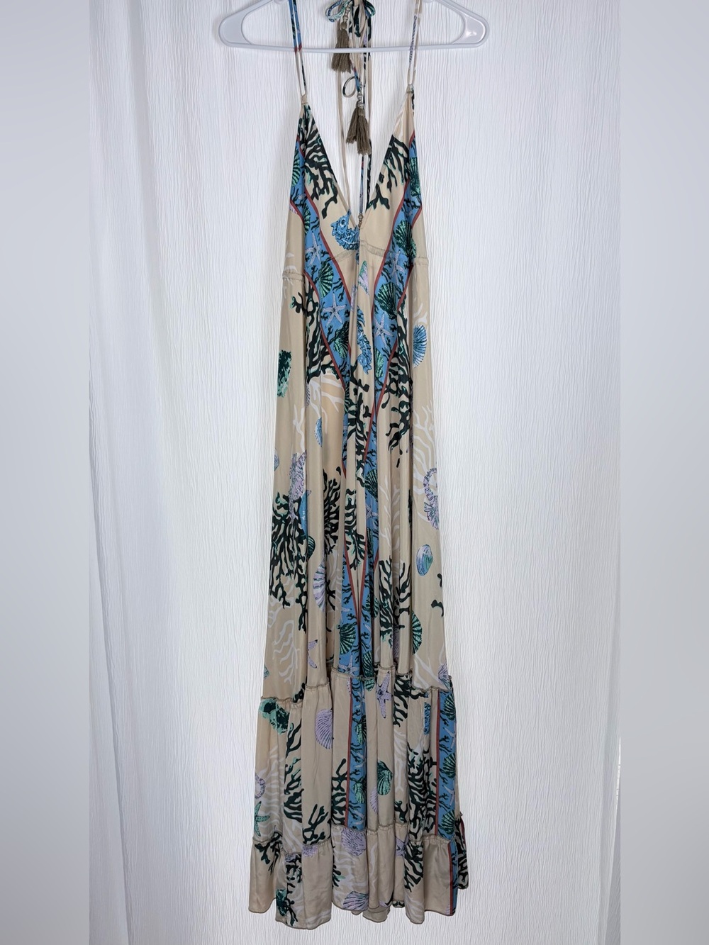 Silk Maxi Dress, Ocean Print, Open Back-Halter Tie, Adjustable One Size